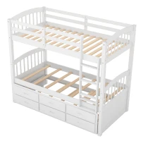Twin Over Twin Wood Bunk Bed with Trundle and Drawers, Wood Construction, Double-Decker Bed for Children, 81" L x 42.5" W x 67" H, White(m-8)