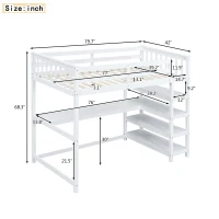 Twin Size Loft Bed with Storage Shelves, Under-bed Desk and LED Light, High-Sleeper Bed for Compact Room, 80" L x 42" W x 68.5" H, White(m-3)