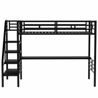 Metal Loft Bed Frame with Desk and LED Light, Sturdy Metal Frame, High-Sleeper Bed for Guest Rooms, 94.5" L x 41.5" W x 72" H, Black(m-2)