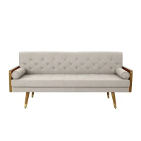 Mid-Century Modern Tufted Fabric Sofa with Rolled Accent Pillows, Daybed with Gold Tipped Rubberwood Legs, 72'' L x 30.5'' W x 32'' H, Beige(m-2)
