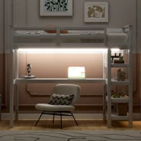Twin Size Loft Bed with Storage Shelves, Under-bed Desk and LED Light, High-Sleeper Bed for Compact Room, 80" L x 42" W x 68.5" H, White(m-4)