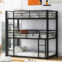 Metal Twin Size Triple Bunk Bed with Guard Rails and Easy Assembly, Double-Decker Bed for Compact Rooms, 78.5" L x 42" W x 78" H, Black(m-4)