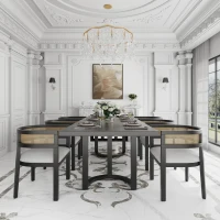 Modern 6-Piece Dining Set with Industrial Table and Rattan Back Chairs, Family Table Seats Up to 8 People, 95" L x 39" W x 30" H, Beige+Black(m-1)