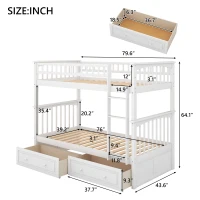 Twin Over Twin Bunk Bed with Drawers, Solid Pine Wood and MDF, Double-Decker Bed for Living Rooms, 79.5" L x 43.5" W x 64" H, White(m-3)