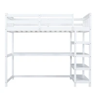 Twin Size Loft Bed with Storage Shelves, Under-bed Desk and LED Light, High-Sleeper Bed for Compact Room, 80" L x 42" W x 68.5" H, White(m-2)