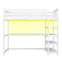 Twin Size Loft Bed with Storage Shelves, Under-bed Desk and LED Light, High-Sleeper Bed for Compact Room, 80" L x 42" W x 68.5" H, White(m-9)