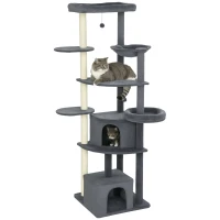 PawHut 79" Extra Tall Cat Tree with Scratching Posts, Perches, Caves, Hammock, Pompoms, for 2-3 Indoor Cats, Dark Grey(m-11)