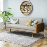 Mid-Century Modern Tufted Fabric Sofa with Rolled Accent Pillows, Daybed with Gold Tipped Rubberwood Legs, 72'' L x 30.5'' W x 32'' H, Beige(m-1)