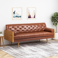 Adelaide Mid-Century Tufted Sofa with Rolled Accent Pillows, Daybed with Gold Tipped Rubberwood Legs, 72'' L x 30.5'' W x 32'' H, Light Brown