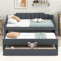 Twin Size Upholstered Daybed with Trundle and Three Drawers, Pull-out Bed for Department or Guest Rooms, 81" L x 41" W x 35.5" H, Gray(m-4)