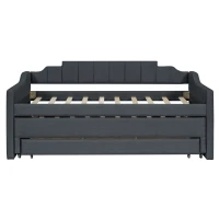Twin Size Upholstered Daybed with Trundle and Three Drawers, Pull-out Bed for Department or Guest Rooms, 81" L x 41" W x 35.5" H, Gray(m-2)