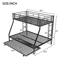 Twin Over Full Bunk Bed with Steel Frame, Twin Size Trundle, Two-Side Ladders, Double-Decker Bed for Compact Room, 78" L x 56.5" W x 63" H, Black(m-3)