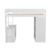 Wood Twin Loft Bed with Wardrobes, 2-Drawer Desk and Cabinet, High-Sleeper Bed for House with Children, 78.5" L x 41" W x 65" H, White(m-2)