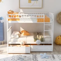 Full Over Full Bunk Bed with Drawers, Convertible Design, Pine Wood and MDF, Double-Decker Bed for Living Room, 79" L x 59" W x 64" H, White(m-4)