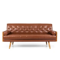 Adelaide Mid-Century Tufted Sofa with Rolled Accent Pillows, Daybed with Gold Tipped Rubberwood Legs, 72'' L x 30.5'' W x 32'' H, Light Brown(m-2)