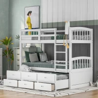 Twin Over Twin Wood Bunk Bed with Trundle and Drawers, Wood Construction, Double-Decker Bed for Children, 81" L x 42.5" W x 67" H, White(m-1)