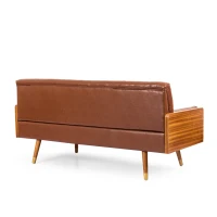 Adelaide Mid-Century Tufted Sofa with Rolled Accent Pillows, Daybed with Gold Tipped Rubberwood Legs, 72'' L x 30.5'' W x 32'' H, Light Brown(m-8)