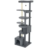 PawHut 79" Extra Tall Cat Tree with Scratching Posts, Perches, Caves, Hammock, Pompoms, for 2-3 Indoor Cats, Dark Grey(m-2)