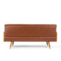 Adelaide Mid-Century Tufted Sofa with Rolled Accent Pillows, Daybed with Gold Tipped Rubberwood Legs, 72'' L x 30.5'' W x 32'' H, Light Brown(m-9)