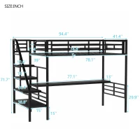 Metal Loft Bed Frame with Desk and LED Light, Sturdy Metal Frame, High-Sleeper Bed for Guest Rooms, 94.5" L x 41.5" W x 72" H, Black(m-3)