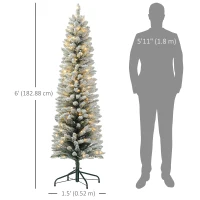 HOMCOM 6ft Artificial Prelit Christmas Tree with Warm White LED Light, Snow Flocked Branches, Metal Base, Pencil Xmas Tree(m-3)