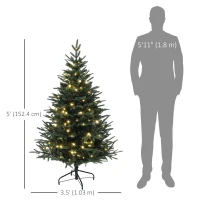HOMCOM 5ft Prelit Artificial Christmas Tree with 542 Tips, Warm White LED Lights, Steel Base, Hinged Xmas Tree, Auto Open(m-3)