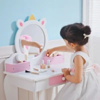 Qaba Kids Makeup Vanity Set with Stool, Mirror, Drawer, Storage Boxes, Unicorn Design, White(m-7)