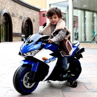 12V Kids Electric Ride-On Motorcycle with Training Wheels and Headlight, Motorbike with MP3 and Light-Up Wheels, 46" L x 20" W x 26" H, Blue(m-1)