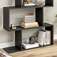 HOMCOM 76" 6-Tier Wooden Bookcase S Shaped Storage Display Shelf Modern Bookshelf Open Concept Living Room Home Office Furniture, Black(m-10)