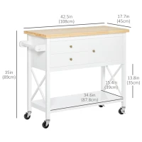 HOMCOM Utility Kitchen Cart Rolling Kitchen Island Storage Trolley with Rubberwood Top, 2 Drawers, Towel Rack, White(m-3)
