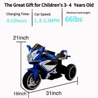 6V Kids Electric Ride-On Motorcycle with MP3, LED Headlight and Light-Up Wheels, Motorbike Ideal for Ages 3-4, 31" L x 16" W x 21" H, Blue(m-3)
