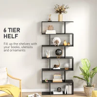 HOMCOM 76" 6-Tier Wooden Bookcase S Shaped Storage Display Shelf Modern Bookshelf Open Concept Living Room Home Office Furniture, Black(m-4)