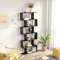 HOMCOM 76" 6-Tier Wooden Bookcase S Shaped Storage Display Shelf Modern Bookshelf Open Concept Living Room Home Office Furniture, Black(m-6)