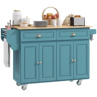 HOMCOM Kitchen Island with Storage, Rolling Kitchen Island with Drop Leaf, Rubber Wood Top and Adjustable Shelves, Light Blue(m-11)