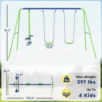 Outsunny Metal Swing Set with Glider, Two Swing Seats and Adjustable Height, Outdoor Heavy Duty A-Frame Suitable for Playground, Backyard, Green(m-3)