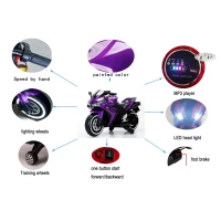 12V Ride-On Motorcycle for Ages 3-6 with Training Wheels and Headlight, Motorbike with MP3 and Light-Up Wheels, 46" L x 20" W x 26" H, Purple(m-4)