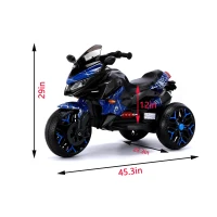 3-Wheel 12V Kids Electric Ride-On Motorcycle with Training Wheels and Headlight, Motorbike with MP3/USB, 43.5'' L x 23.5'' W x 29'' H, Blue(m-3)