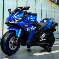 12V Kids Electric Ride-On Motorcycle with Training Wheels and Headlight, Motorbike with MP3 and Light-Up Wheels, 46" L x 20" W x 26" H, Blue(m-1)