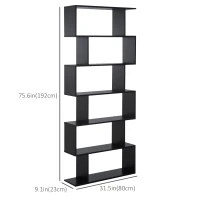 HOMCOM 76" 6-Tier Wooden Bookcase S Shaped Storage Display Shelf Modern Bookshelf Open Concept Living Room Home Office Furniture, Black(m-3)