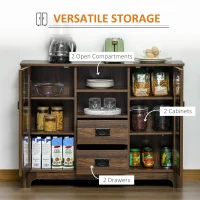 HOMCOM Sideboard Storage Cabinet Kitchen Cupboard Buffet Server with Glass Doors, 2 Drawers & Adjustable Shelves for Living Room, Walnut(m-4)