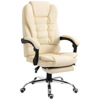 HOMCOM High Back Office Chair PU Leather Executive Office Chair with Retractable Footrest Padded Armrest Cream White(m-2)