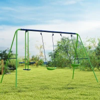 Outsunny Metal Swing Set with Glider, Two Swing Seats and Adjustable Height, Outdoor Heavy Duty A-Frame Suitable for Playground, Backyard, Green(m-10)