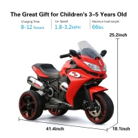 12V Kids Electric Ride-On Motorcycle with LED Lighted Wheels and Bluetooth MP3, Motorbike Perfect for Ages 3–6, 41.5" L x 18" W x 25" H, Red(m-3)