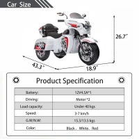 2-Seat 12V Kids Electric Ride-On Motorcycle with Storage Trunk, 3-Wheel Motorbike with MP3 and Bluetooth, 43.5'' L x 19'' W x 26.5'' H, White(m-3)