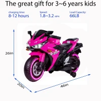 12V Kids Electric Ride-On Motorcycle with Training Wheels and Headlight, Motorbike with MP3 and Light-Up Wheels, 46" L x 20" W x 26" H, Pink(m-3)