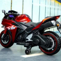 12V Ride-On Motorcycle for Ages 3-8 with Training Wheels and Headlight, Motorbike with MP3 and Light-Up Wheels, 46" L x 20" W x 26" H, Red(m-6)