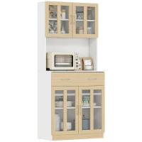 HOMCOM 71" Kitchen Buffet with Hutch, Freestanding Pantry Cupboard with Central Drawer, 2 Glass Door Cabinets and Countertop, White(m-2)