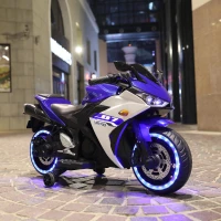 12V Kids Electric Ride-On Motorcycle with Training Wheels and Headlight, Motorbike with MP3 and Light-Up Wheels, 46" L x 20" W x 26" H, Blue(m-7)