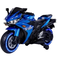 12V Kids Electric Ride-On Motorcycle with Training Wheels and Headlight, Motorbike with MP3 and Light-Up Wheels, 46" L x 20" W x 26" H, Blue(m-2)