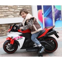 12V Kids Electric Ride-On Motorcycle with Training Wheels and Headlight, Motorbike with MP3 and Light-Up Wheels, 46" L x 20" W x 26" H, Red(m-1)